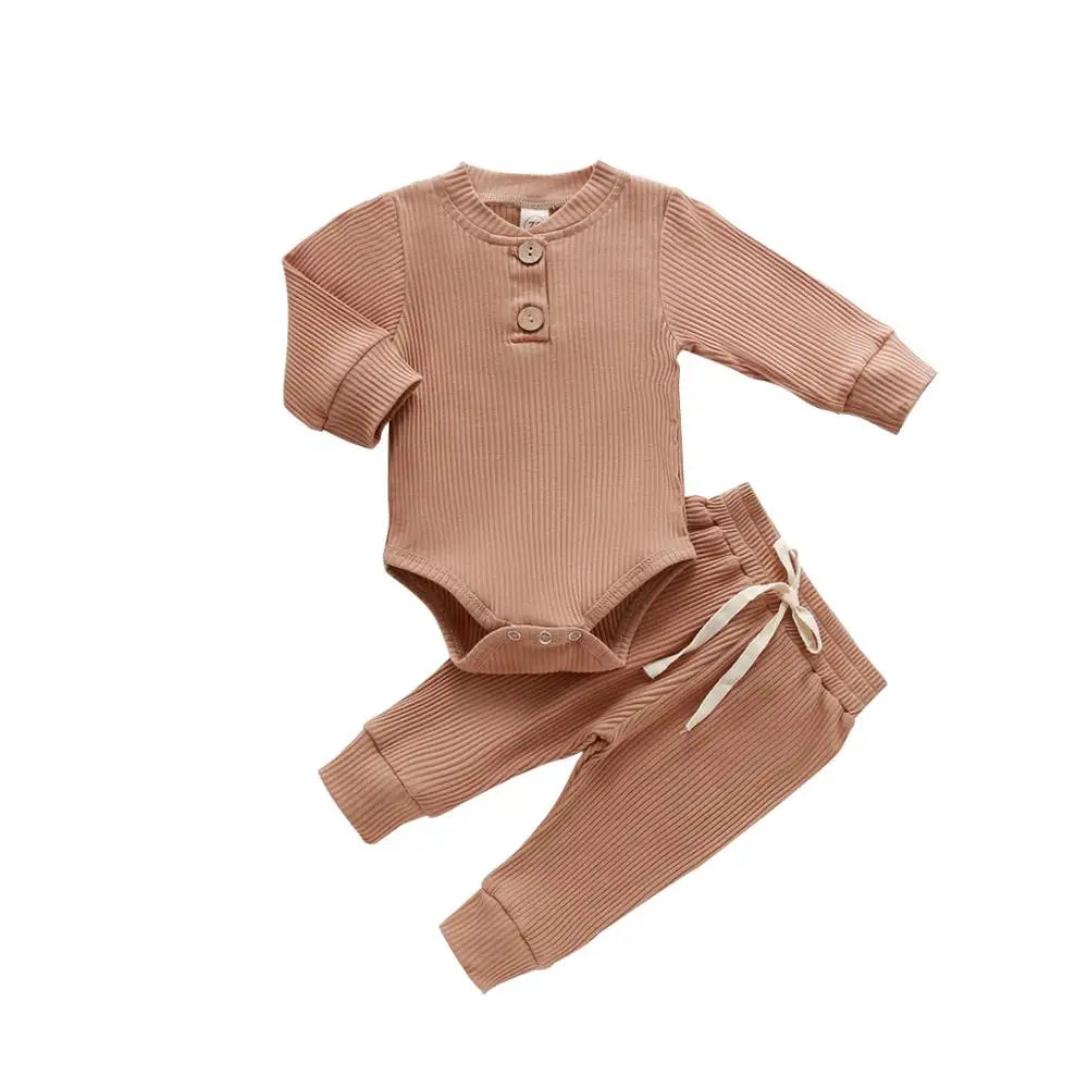 Unisex Baby 2-Piece Outfit Set - Long-Sleeve Ribbed or Plaid Bodysuit with Elastic Pants for Spring & Autumn