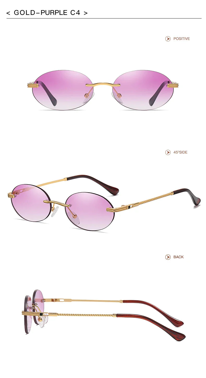 Retro Oval Rimless Sunglasses – Blue Mirror Gold Metal UV400 for Men & Women