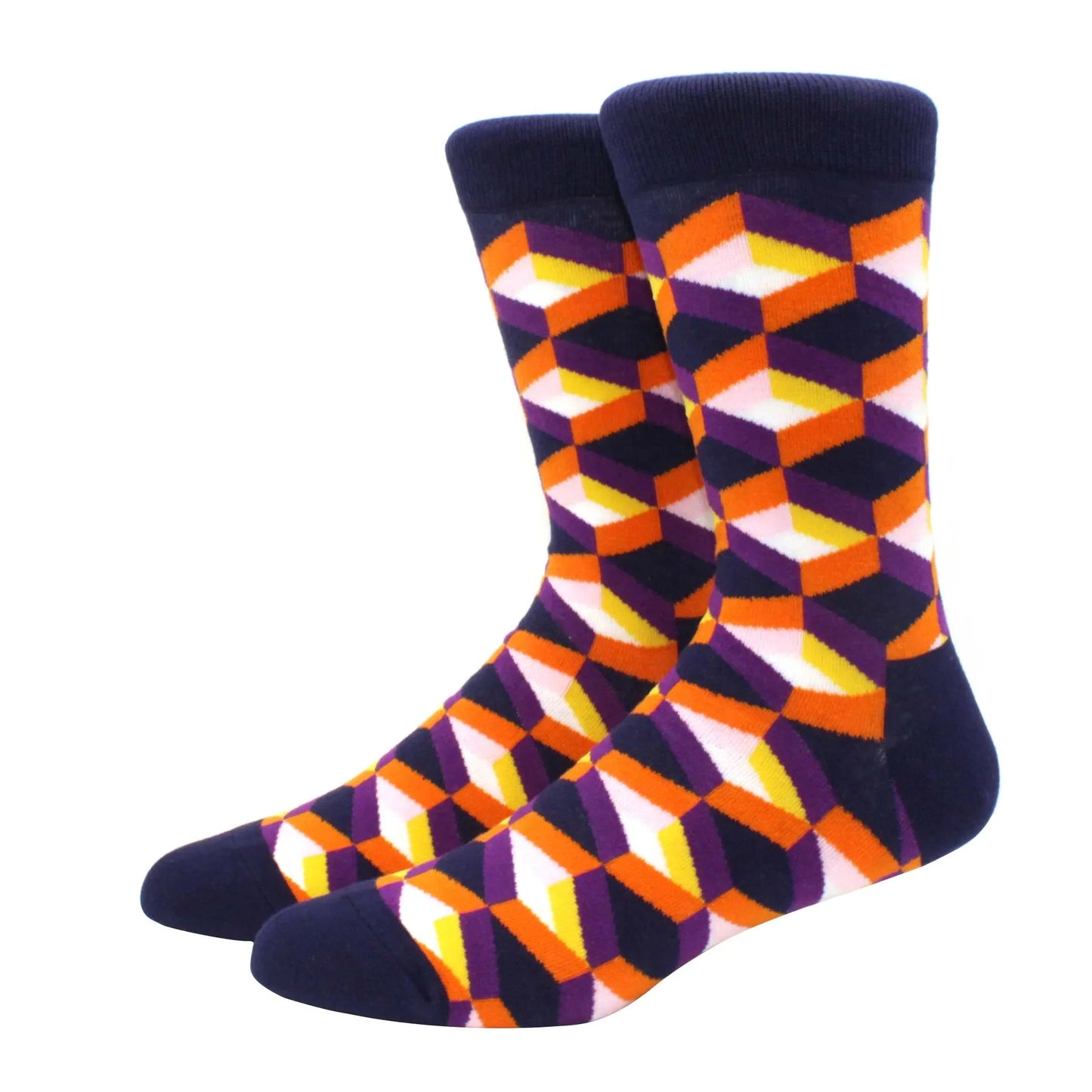 Men’s Funny Argyle Diamond Pattern Cotton Socks – Large Size 3D Geometric Crew Tube Socks, Combed Cotton Casual Novelty Socks