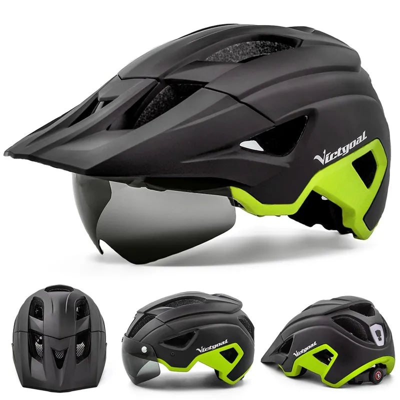 VICTGOAL LED Bike Helmet – Rechargeable Men’s Cycling Helmet with Sun Goggle Visor & Sunglasses Shield for Road & MTB Cycling