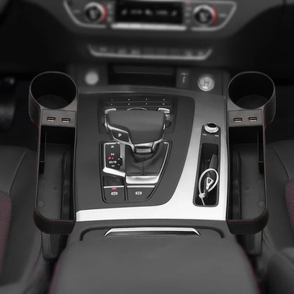 Car Seat Gap Organizer – Leather Auto Crevice Storage Box with Cup & Phone Holder, USB Option
