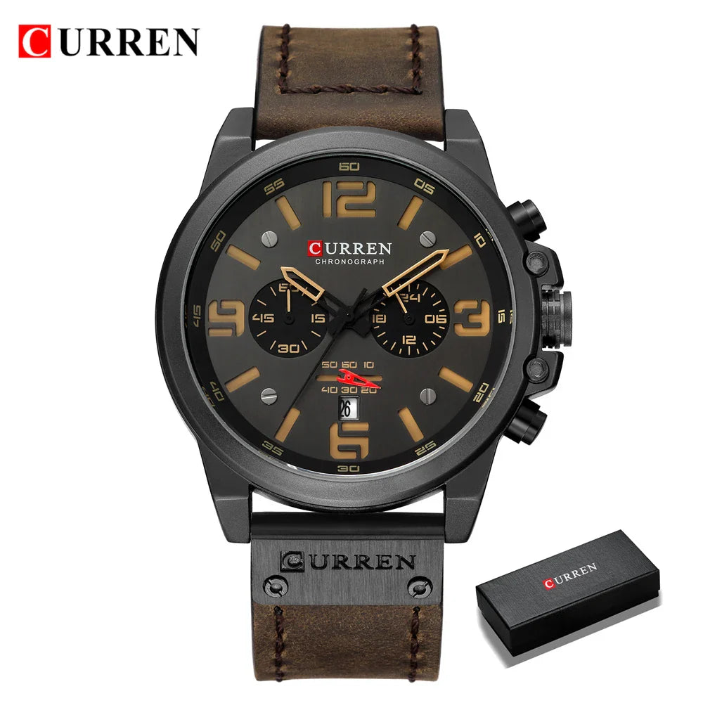 CURREN Men's Luxury Waterproof Sport Watch – Chronograph Quartz Military Wristwatch with Genuine Leather Strap