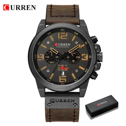 CURREN Men's Luxury Waterproof Sport Watch – Chronograph Quartz Military Wristwatch with Genuine Leather Strap