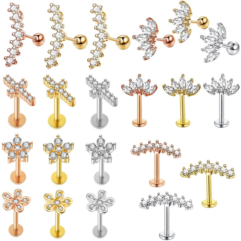 Crystal Flower Tragus Piercing Earring – 16G Cross Cartilage, Helix, Conch, Rook, Lobe & Labret Stud Jewelry