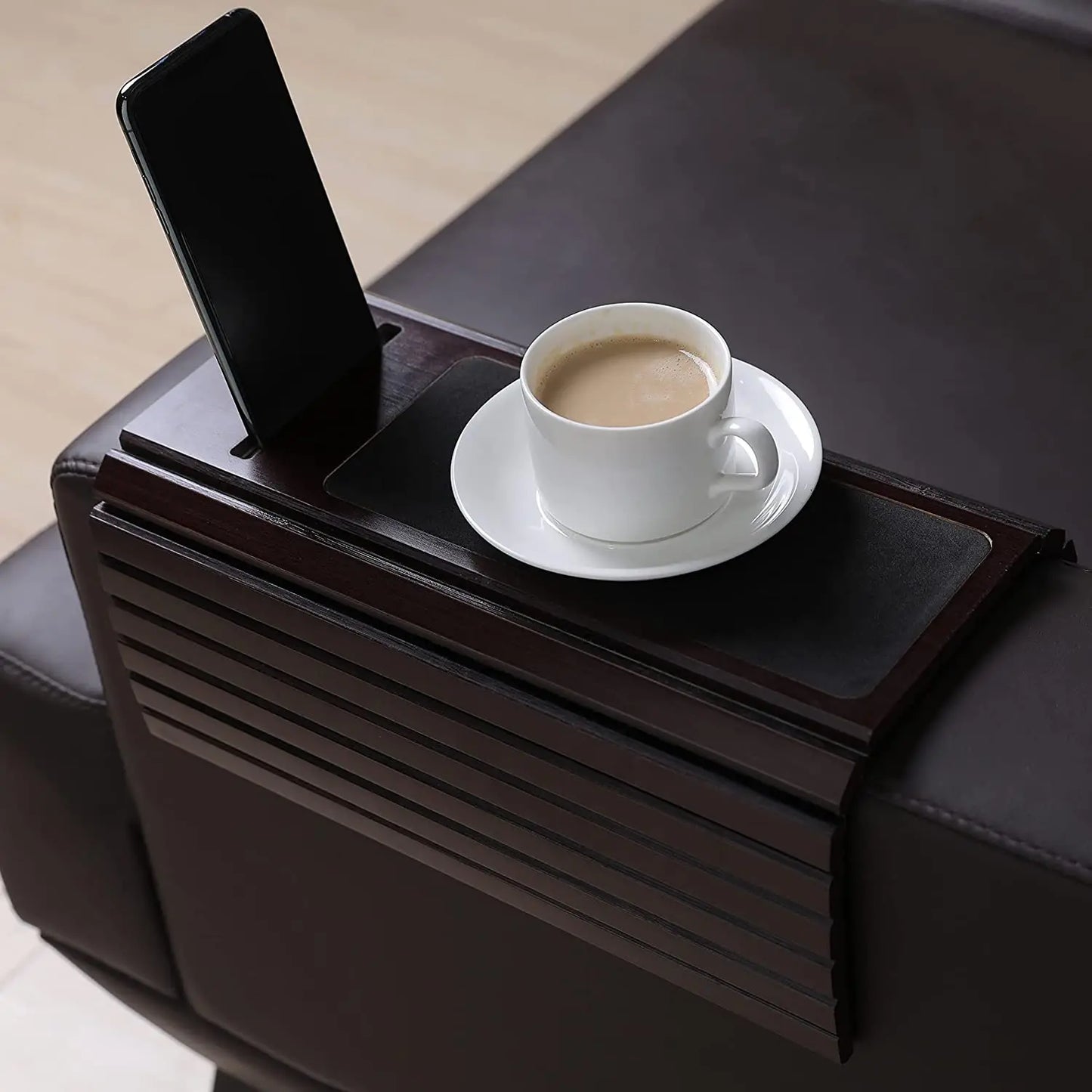 Bamboo Wood Sofa Arm Tray with Phone Holder – Flexible Couch Arm Table for Drinks, Snacks & Remote Control