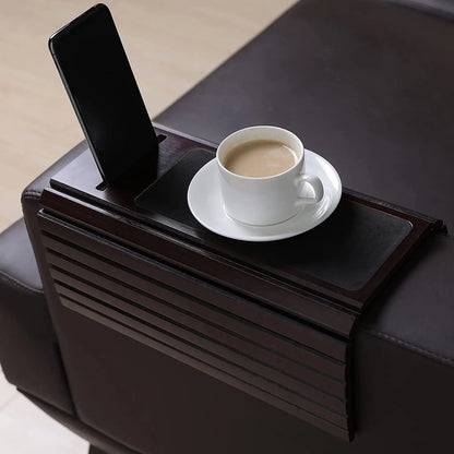 Bamboo Wood Sofa Arm Tray with Phone Holder – Flexible Couch Arm Table for Drinks, Snacks & Remote Control