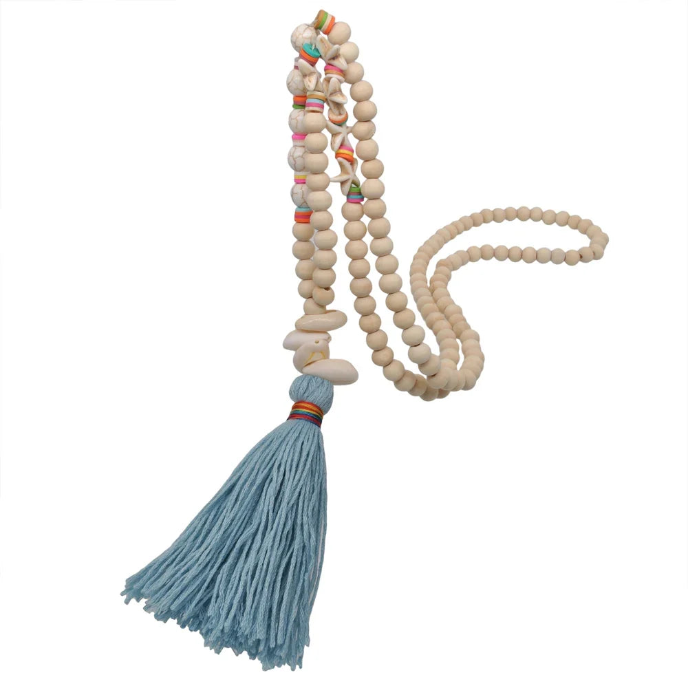 Wooden Bead Tassel Long Necklace - Bohemian Summer Beach Sweater Chain for Women | Mother's Day Gift