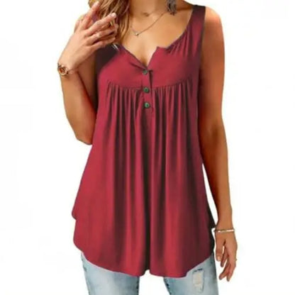 Women’s Loose U Neck Tank Top - Sleeveless Pleated Button Camisole Summer Vest
