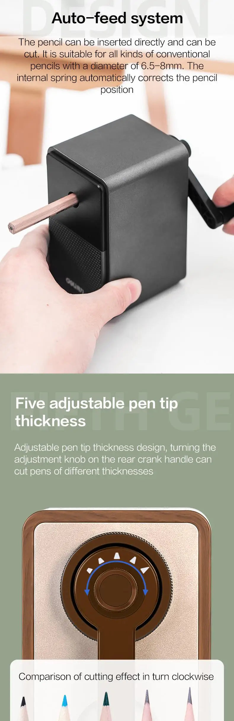 DELI Adjustable Pencil Sharpener — Hand Crank Table Sharpener with Long-Lasting Blade