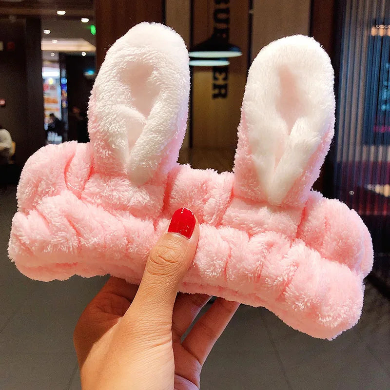 Soft Coral Fleece Bow Headband – Wash Face Hair Holder with Animal Ears for Women & Girls