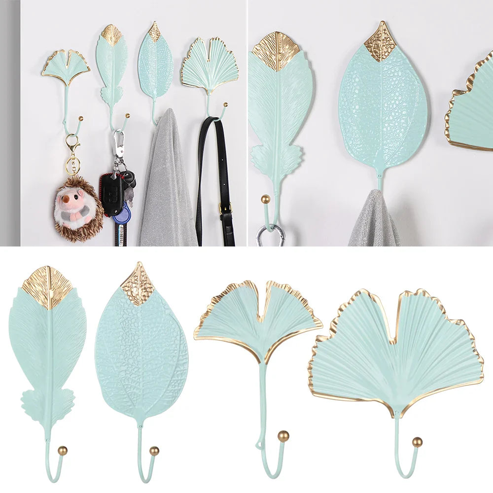 Nordic Style Gold/Green Leaf Shape Wrought Iron Hook Wall Hanger - Towel Clothes Storage Rack for Home Organization