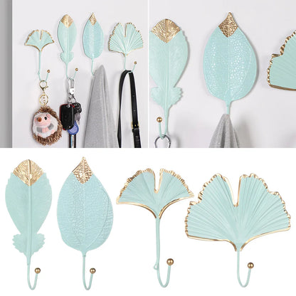 Nordic Style Gold/Green Leaf Shape Wrought Iron Hook Wall Hanger - Towel Clothes Storage Rack for Home Organization