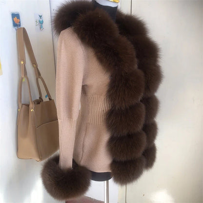 Women’s Spring & Autumn Sweater Cardigan – Real Fox Fur Collar Jacket, Natural Fur Outerwear