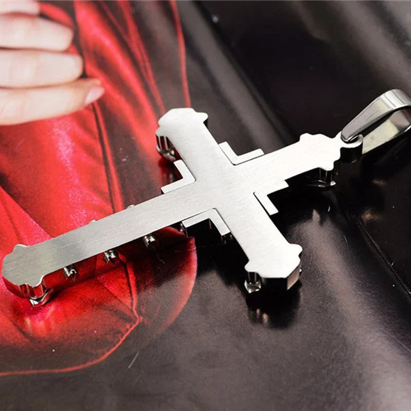2024 New Men's Crystal Cross Jesus Pendant, Gold/Black/Blue Zirconia Necklace, Stainless Steel Jewelry
