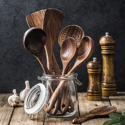 1-9pcs Teak Wood Tableware Set – Natural Wooden Cooking Spoons, Colander Spoon & Soup Skimmer Kitchen Tool Kit