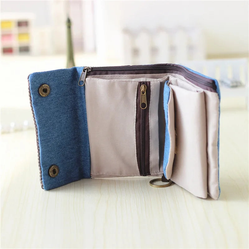 Handmade Three-Fold Fabric Wallet — Short Zipper Purse for Women & Men, Multi-Function Card & Key Holder for Teens
