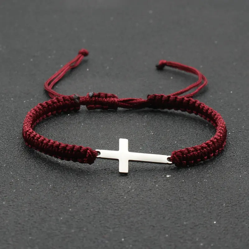 Stainless Steel Cross Charm Bracelet - Handmade Adjustable Braided Rope Chain Couple Jewelry for Women & Men