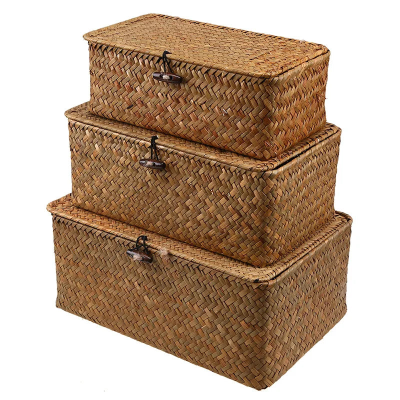 Rectangular Hand-Woven Rattan Wicker Storage Basket - Desktop Organizer for Sundries and Clothes Container