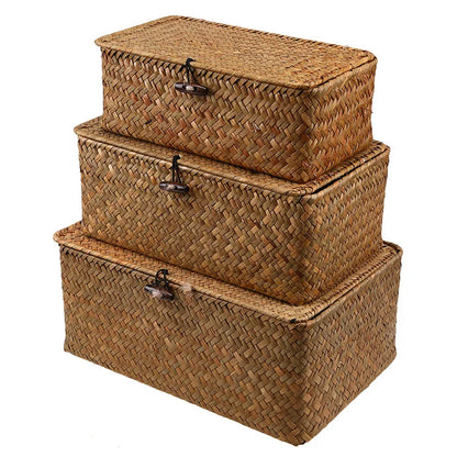 Rectangular Hand-Woven Rattan Wicker Storage Basket - Desktop Organizer for Sundries and Clothes Container