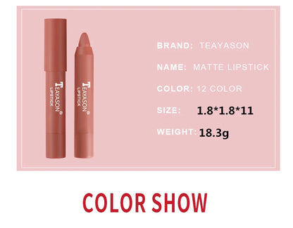 12-Color Natural Matte Lipstick Pencil – Silk Lip Glaze Waterproof, Long-Lasting Sexy Lip Tint Makeup