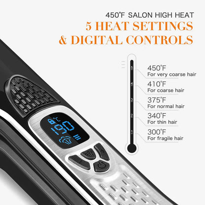 Professional Hair Straightener – Dual Voltage Titanium Curling Iron, Steam Flat Iron & Hot Hair Comb with Wide Plates
