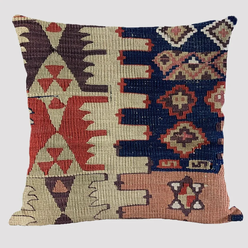 Bohemian Linen Cushion Cover – Multicolor Ethnic Geometric Pattern Decorative Pillow for Living Room Sofa