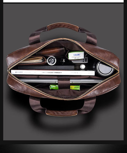 BULLCAPTAIN Men's Genuine Leather Briefcase – 14-Inch Laptop Shoulder Messenger Bag for Business & Office