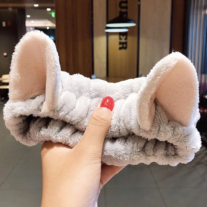Soft Coral Fleece Bow Headband – Wash Face Hair Holder with Animal Ears for Women & Girls
