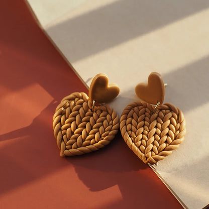 Handmade Knitted Heart-Shaped Polymer Clay Earrings – Braided Multi-Color Dangle Jewelry Set, Cute Love Gift