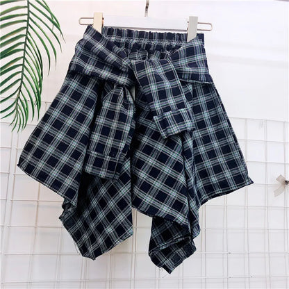 TOTRUST Women’s Fashion Asymmetrical Summer Plaid Mini Skirt – Casual College Style Fake Shirt Design
