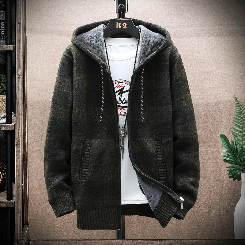 Men's Winter Plaid Hooded Cardigan – Warm Wool Fleece Zipper Jacket Knit Sweater Coat