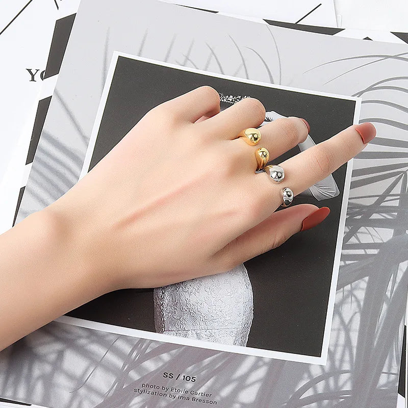 LIVVY Silver Color Double Ball Beads Opening Rings: Trendy Couple Jewelry Gift for Women - 2021 Fashion Trend