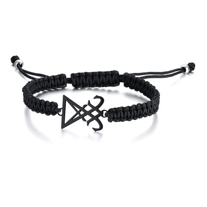 Lucifer Seal Charm Bracelet - Handmade Black Braided Adjustable Wave Wrist Jewelry for Men