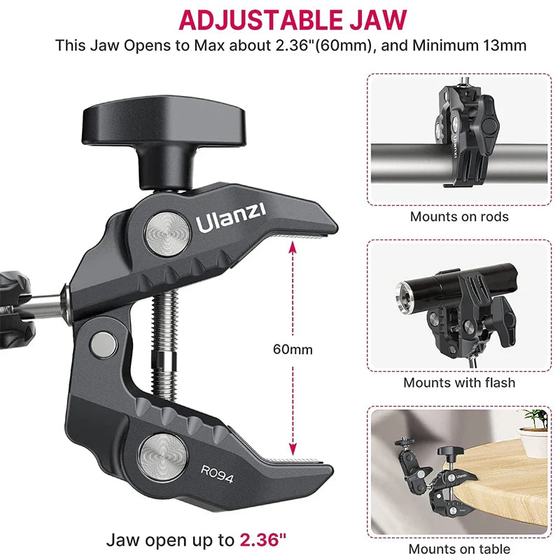 Ulanzi R094 Metal Super Clamp with 360° Ball Head Magic Arm, 1/4" & 3/8" Holes for DSLR Camera, Monitor, Light, Mic, and Rod Mount