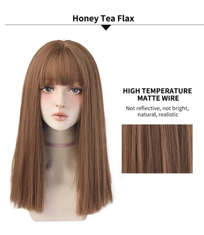 7JHHWIGS Long Straight Light Brown Synthetic Wig with Bangs – Heat-Resistant Daily Wear Wig for Women