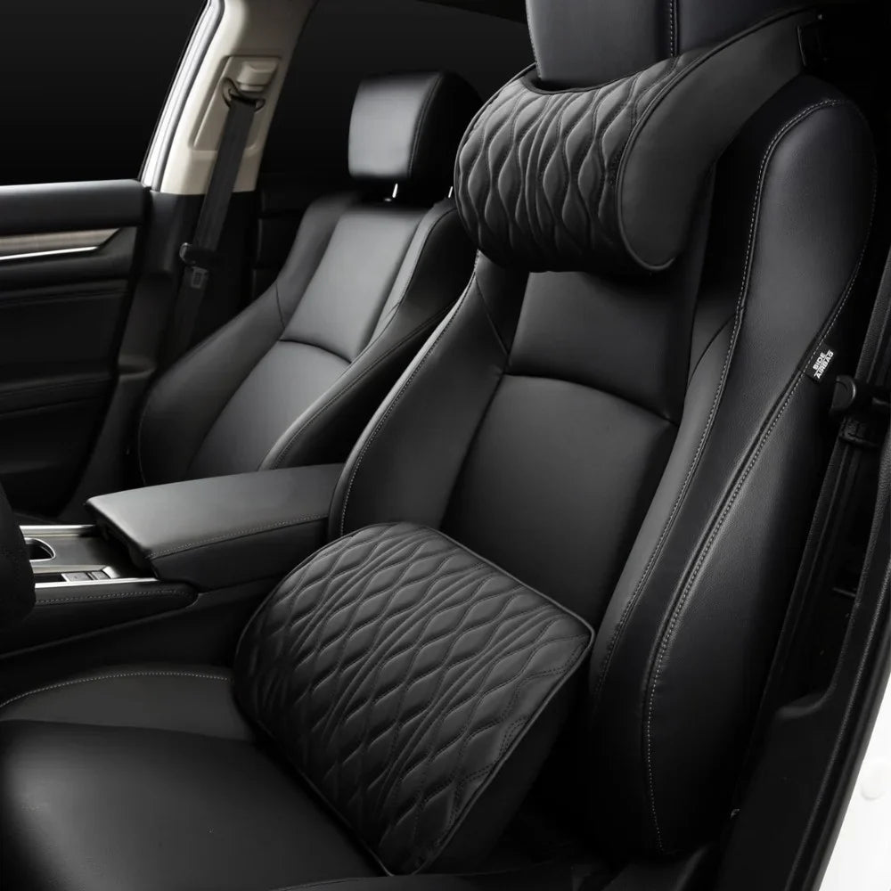 Car Neck & Lumbar Pillow – PU Leather Memory Foam Seat Headrest & Backrest Cushion