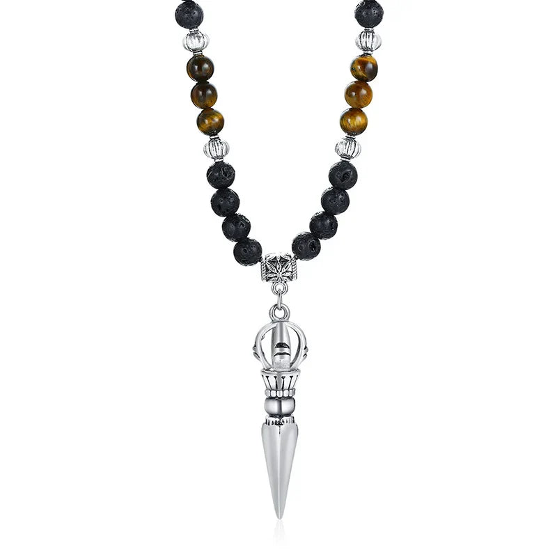 Men's Tibetan Phurba Kilaya Necklace – Tiger’s Eye & Lava Stone Spiritual Dagger Jewelry