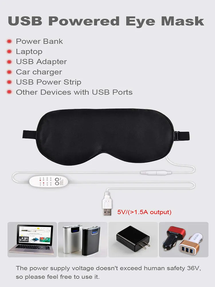 USB Heated Silk Eye Mask - Reusable Eye Massager for Sleeping, Puffiness, and Dark Circles - Eye Care with USB Heating