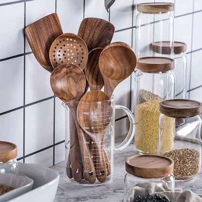 1-7pcs Teak Wood Tableware Set – Natural Wooden Spoons, Colander Spoon & Soup Skimmer Cooking Tool Kit