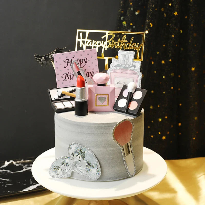 Mom Ever Cosmetics Cake Topper - Perfumes, Lipstick, Foundation Cake Decoration for Lady's Happy Birthday Party Dessert Decor