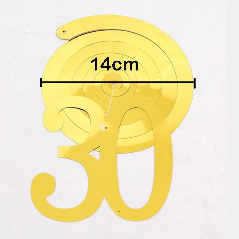 6pcs Spiral Birthday Swirls Hanging Ornaments - Black, Gold, Silver for 18, 21, 25, 30, 40, 50, 60, 70, 80, 90 Years Old, Birthday Decor