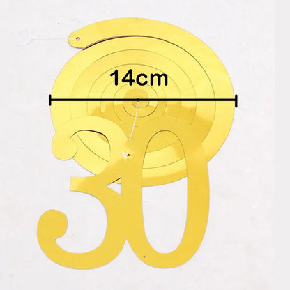 6pcs Spiral Birthday Swirls Hanging Ornaments - Black, Gold, Silver for 18, 21, 25, 30, 40, 50, 60, 70, 80, 90 Years Old, Birthday Decor