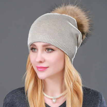Autumn Winter Knitted Wool Hat for Women – Fashion Pompon Beanie with Genuine Raccoon Fur, Warm and Stylish Cap