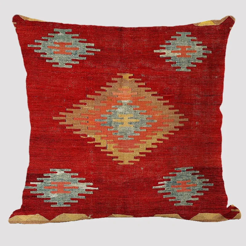 Bohemian Linen Cushion Cover – Multicolor Ethnic Geometric Pattern Decorative Pillow for Living Room Sofa