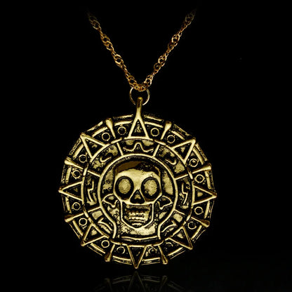 Caribbean Pirates Aztec Gold Coin Necklace – Retro Skull Pendant, Punk Hip Hop Movie Accessory