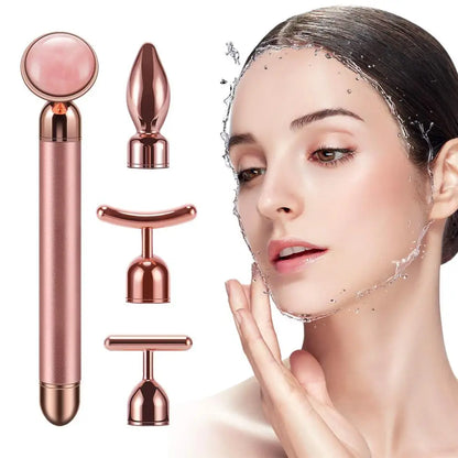 4 in 1 Vibrating Rose Quartz Roller - T/V Shaped Face and Eye Massager for Lifting, Slimming, and Beauty Care