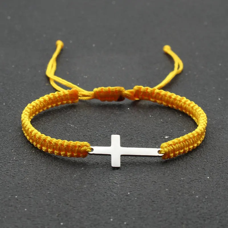 Stainless Steel Cross Charm Bracelet - Handmade Adjustable Braided Rope Chain Couple Jewelry for Women & Men