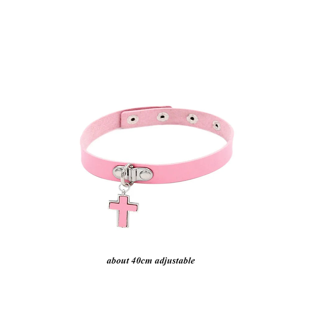 Pink Gothic Collar Necklace – Trendy Rock Leather Heart with Rivets, Harajuku Punk Choker Jewelry for Women, Gift Idea