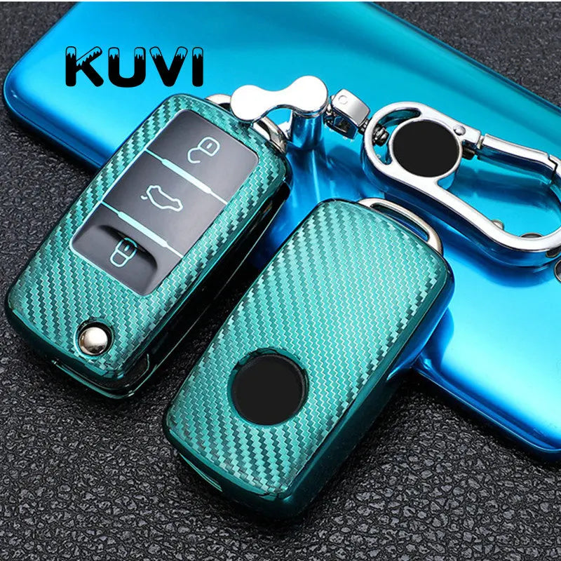 TPU Carbon Fiber Car Key Case Cover for VW & Skoda – Fits Polo, Tiguan, Passat B5 B6 B7, Golf 4 5 6 MK6, Jetta, Lavida, Octavia