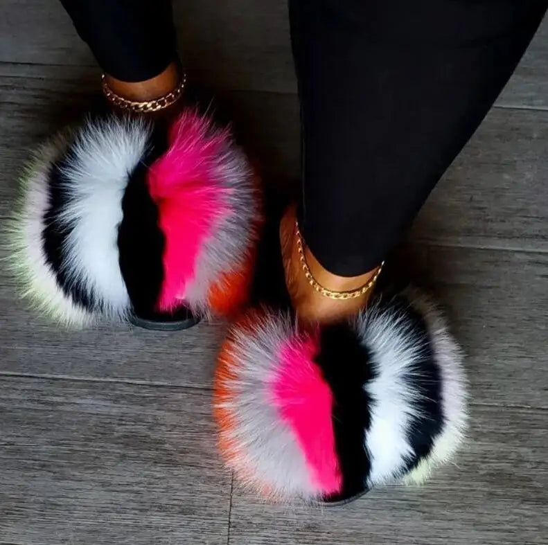Girls’ Luxury Fluffy Fur Slippers – Warm Plush Indoor Flip Flop Slides for Women, New Arrival